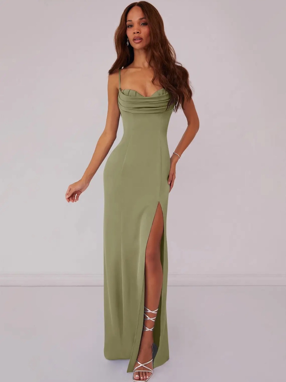 Azazie Pistachio Green Spaghetti Strap Maxi Dress